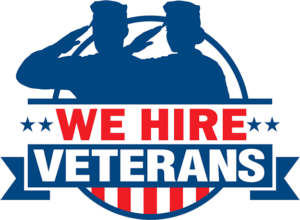 Silhouette of a man and a woman saluting with the phrase "We Hire Veterans" beneath them