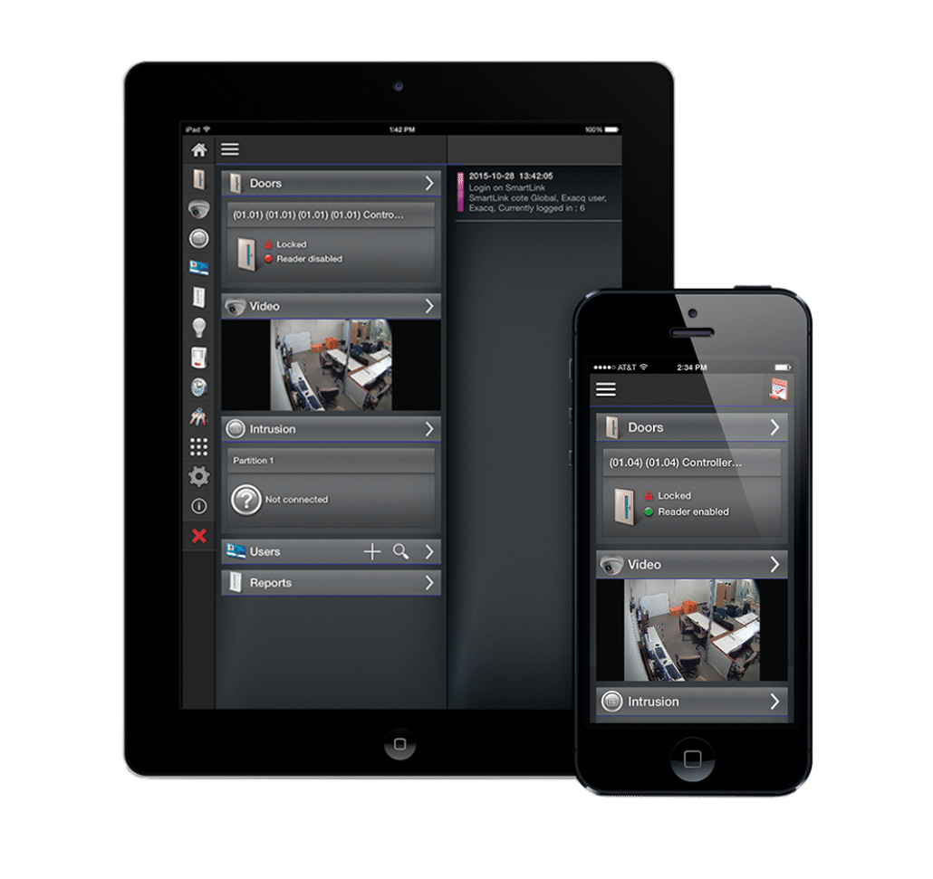 Access control apps displayed on phone and tablet devices