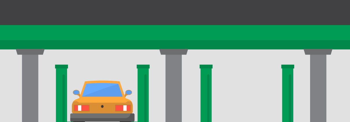 Animated graphic showing a car repair shop and fire extinguishers mounted in the repair bays