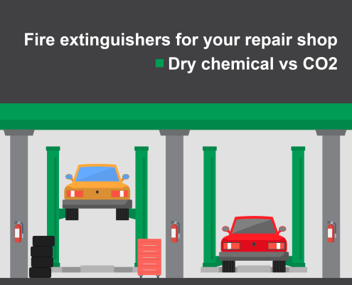 Animated graphic showing a car repair shop and fire extinguishers mounted in the repair bays