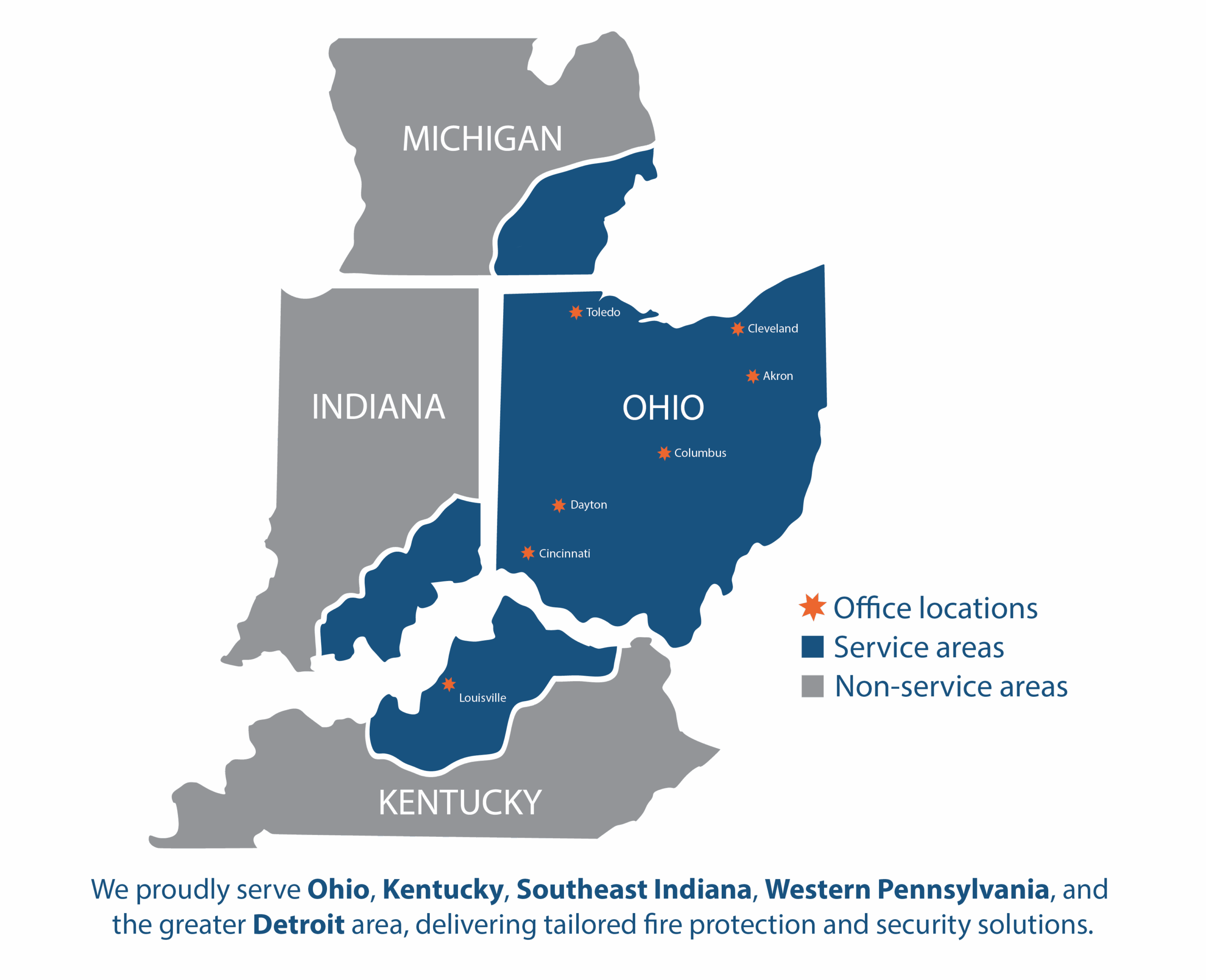 Silco service areas Map showing Silco Fire & Security service areas across Ohio, Kentucky, and Indiana.